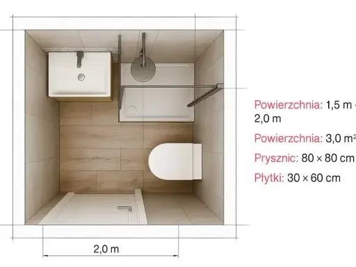 Mała łazienka rzut: umywalka, WC, prysznic 80x80 cm, drzwi. Wymiary 2x3,5m.