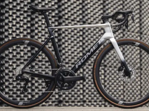 Nowoczesny rower szosowy marki Romet z osprzętem Shimano Ultegra, prezentujący się na tle geometrycznej ściany.