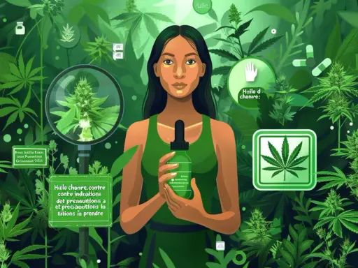 Une femme tient une bouteille d'huile de chanvre au milieu de plantes de cannabis. L'image illustre les bienfaits de l'huile de chanvre.