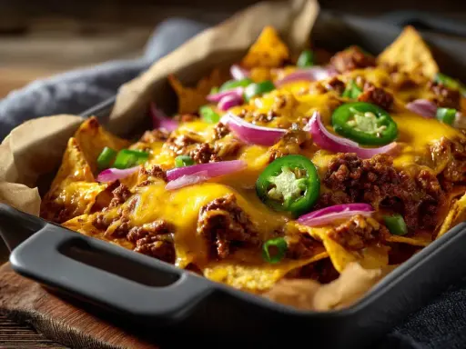 Härliga nachos i ugn med köttfärs, smält ost, jalapeños och rödlök. Perfekt för en mysig kväll!
