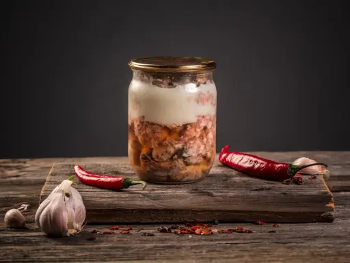 Słoik z mięsem, czosnek i papryczki chili. Przygotowanie tyndalizacji mięsa w piekarniku.