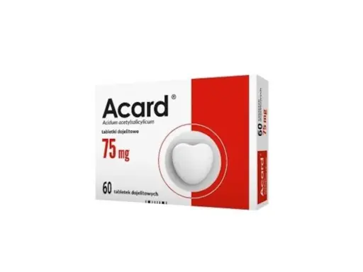 Opakowanie Acardu 75 mg, 60 tabletek. Warto pamiętać o potencjalnych skutkach ubocznych.