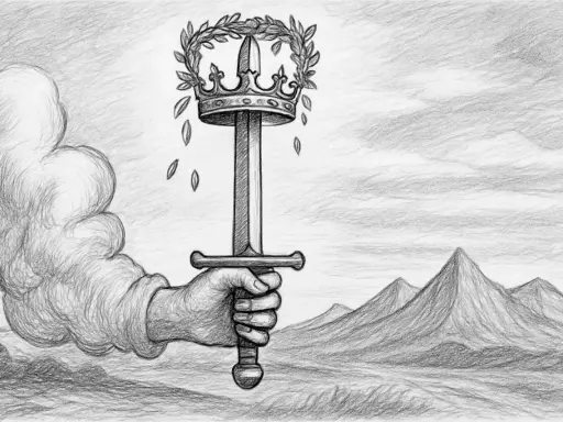 En hand håller ett svärd krönt med lagerkrans, symbol för andlig upplysning. Moln och berg i bakgrunden.