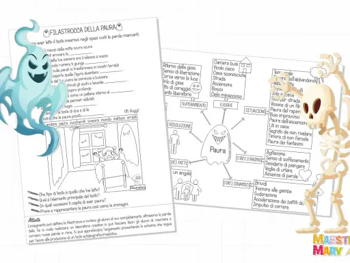 Attività sulla paura scuola primaria: filastrocca, schema su cosa genera paura e disegni di bambini spaventati e scheletri.