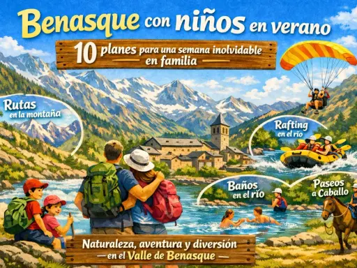 Descubre qué hacer en Benasque con niños: rutas, rafting, baños en el río y paseos a caballo. ¡Aventura familiar en el Pirineo!