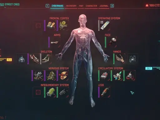 Cyberpunk poradnik: interfejs postaci z widocznym cyberwarem, od systemów operacyjnych po nogi.