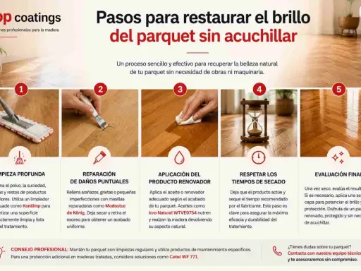 Pasos para restaurar el brillo del parquet sin acuchillar: limpieza, reparación, aplicación de renovador, secado y evaluación final.