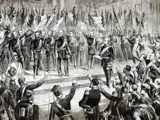 Eine jubelnde Menge winkt Fahnen. Im Vordergrund stehen Männer in Uniform, die an die negative Integration Bismarcks erinnern.