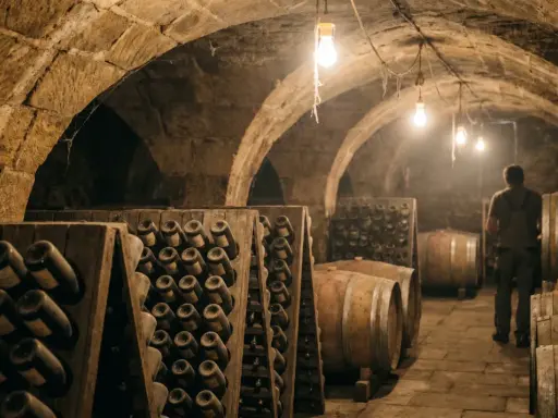 In einem alten Keller lagern Flaschen und Fässer. Ein Mann inspiziert die Reifung, die nach der **méthode champenoise** erfolgt.