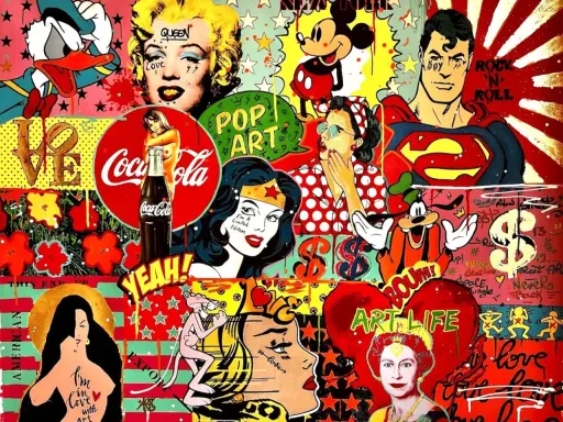 Pop Art Ideen: Marilyn Monroe, Superman, Mickey Mouse und mehr in einem bunten Collage-Stil.