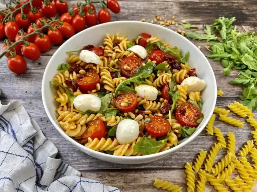 Ein köstlicher Pesto-Salat mit getrockneten Tomaten, Mozzarella-Kugeln und Pinienkernen, serviert in einer weißen Schüssel.