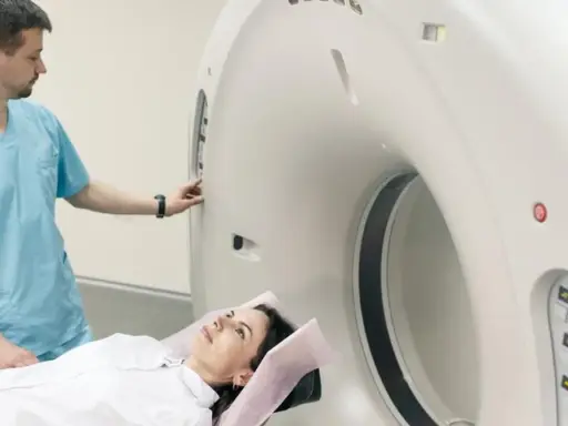 Pacjentka leży na stole do rezonansu, a technik przygotowuje aparat do badania. Rezonans całego organizmu co wykrywa? To zaawansowana diagnostyka obrazowa.