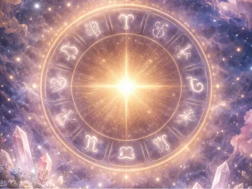 Zodiakalny krąg z symbolami gwiazd, w tym znakiem Lwa, otoczony kosmiczną mgławicą i kryształami. Twój horoskop tygodniowy Lew czeka!