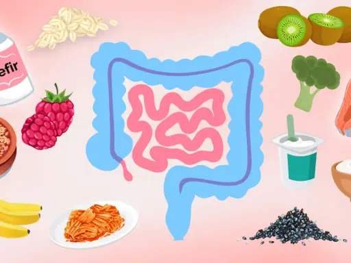 Bilder von Kefir, Haferflocken, Beeren, Bananen, Kimchi, Kiwis, Brokkoli, Lachs, Joghurt und Chia-Samen, die darmfreundliche Lebensmittel darstellen.