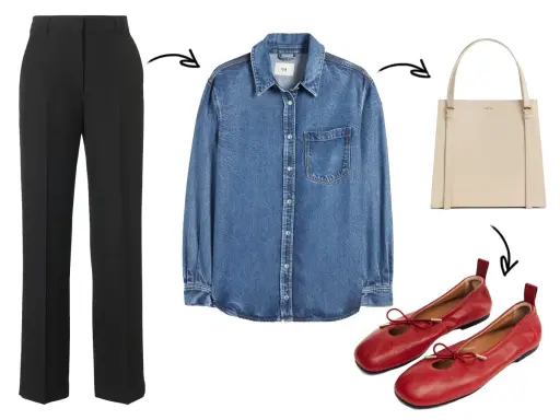 Outfit camicia jeans e pantalone nero: un look casual chic con borsa beige e ballerine rosse.