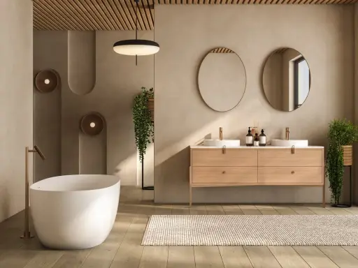 Salle de bain épurée avec baignoire îlot, double vasque et tapis. Le beige et le bois créent une ambiance zen, une couleur à éviter dans une salle de bain serait le noir intense.