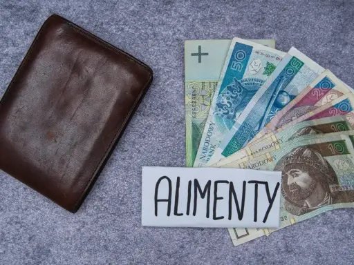 Brązowy portfel obok polskich banknotów i napisu "ALIMENTY". Symbolizuje wsparcie finansowe dla dzieci.