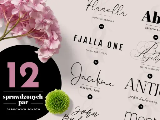 Kolekcja 12 par darmowych fontów, prezentująca różne czcionki od eleganckich po nowoczesne.