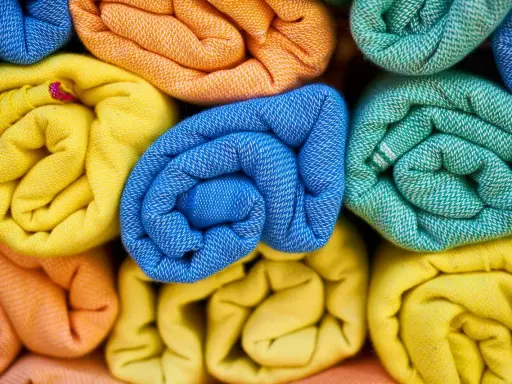 Rolled towels in vibrant colors: yellow, orange, blue, and green. These are made from biodegradable fabric, perfect for eco-conscious living.