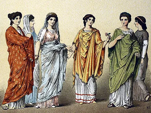 Sechs Frauen in farbenprächtiger Kleidung im alten Rom, von Rot bis Grün, mit kunstvollen Gewändern und Frisuren.