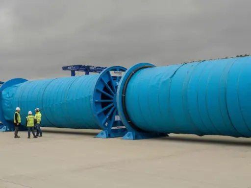 Große blaue Kabeltrommeln mit Arbeitern davor, Kräne im Hintergrund.