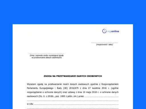 Formularz zgody na przetwarzanie danych osobowych, zgodny z klauzulą RODO. Pole na wpisanie imienia, nazwiska, miejscowości i daty.