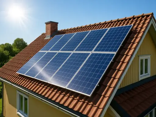 Solceller på ett tegeltak fångar solens strålar. Storlek och placering är viktiga för optimal energiproduktion.