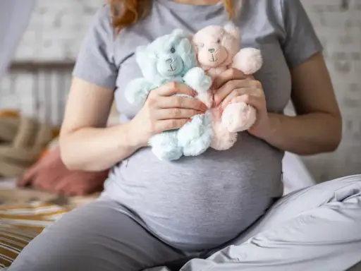 Brzuszek mamy z dwoma pluszowymi misiami, niebieskim i różowym, symbolizującymi macierzyński bliźniaki.