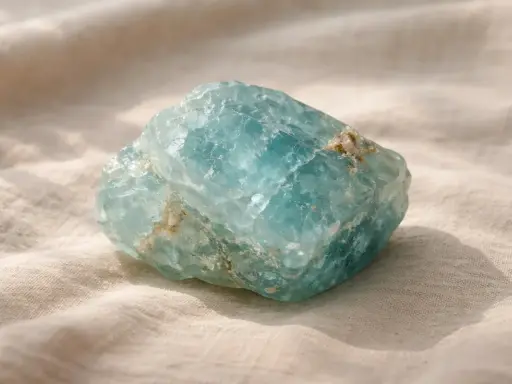 Una grezza acquamarina pietra, con sfumature azzurre e inclusioni dorate, riposa su un tessuto chiaro.