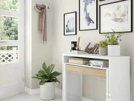 Une entrée accueillante avec un porte-manteau fait maison, des plantes et des tableaux.