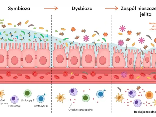 Ilustracja pokazuje, co to jest immunologia jelitowa: od symbiozy, przez dysbiozę, po zespół nieszczelnego jelita i reakcję zapalną.