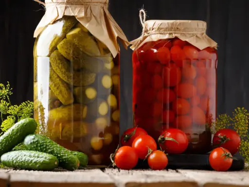 Deux bocaux de conserves, l'un de cornichons, l'autre de tomates, évoquent la culture du cornichon et des produits du jardin.