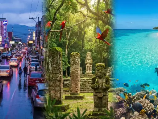 A vibrant collage showcasing the diverse beauty of gay Honduras: a bustling city street, ancient Mayan ruins with macaws, and a diver exploring a colorful coral reef.