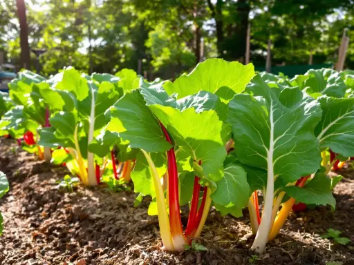 Rang de blettes de couleur aux tiges rouges et jaunes, baignées de soleil dans un potager.