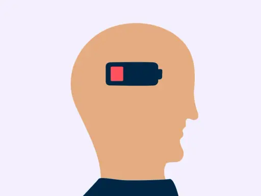 Profil av ett huvud med ett batteri inuti som visar låg laddning, en symbol för emotionell utmattning.