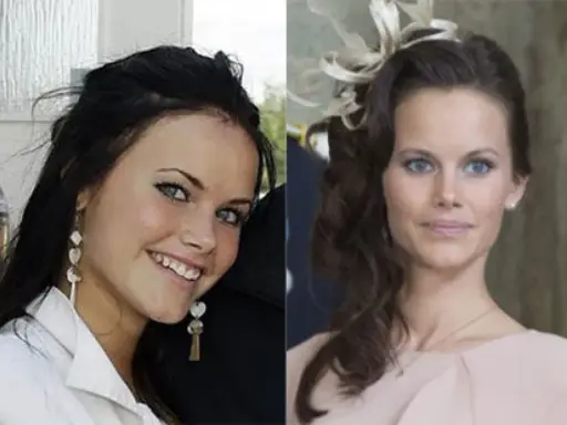 Sofia Hellqvist, före och efter Paradise Hotel. En bild visar henne ung och glad, den andra som en elegant prinsessa.
