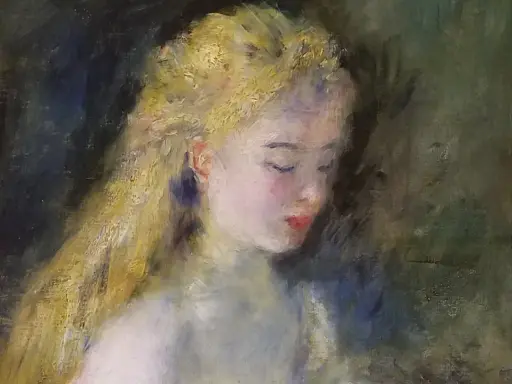 Ett drömskt auguste renoir konstverk av en ung kvinna med gyllene hår och slutna ögon, badande i mjukt ljus.
