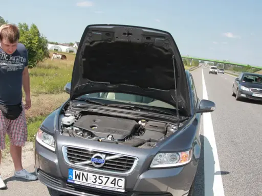 Mężczyzna zmartwiony przy otwartej masce Volvo, prawdopodobnie przegrzany silnik. W tle droga i pola.