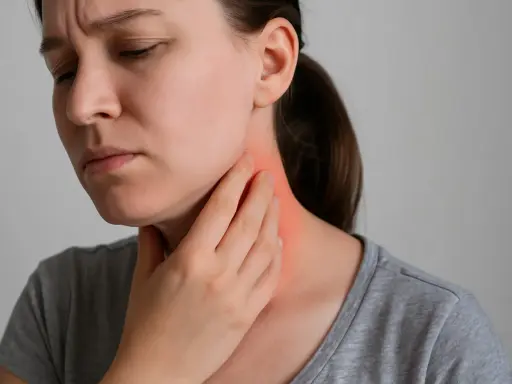 Donna con mano sul collo arrossato, prova dolore alla pelle che fa male sfiorandola.