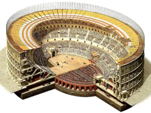 Sezione del Colosseo con spettatori e gladiatori, mostra quanto è grande il Colosseo e la sua struttura interna.