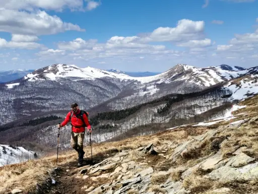 Mężczyzna w czerwonej kurtce uprawia nordic walking na górskim szlaku. W tle ośnieżone szczyty i las.