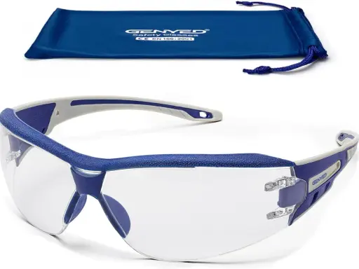 Gafas de seguridad transparentes con montura azul y gris, cumplen la norma EN 166. Incluyen bolsa de tela azul.