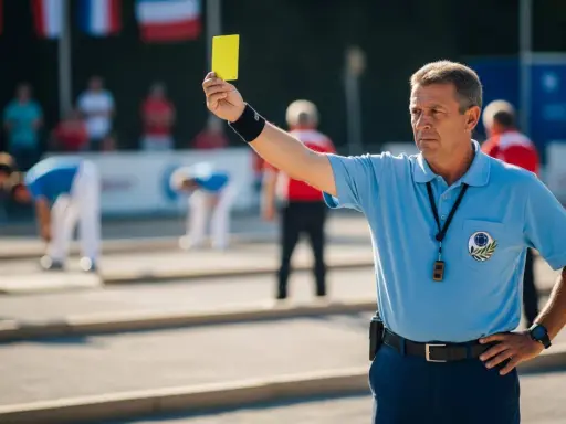 Arbitre de pétanque brandit un carton jaune, rappelant les nouvelles règles. Des joueurs se penchent sur le terrain.