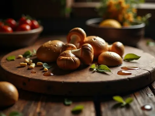 Surowe pieczarki na pizze, czosnek i listki mięty na drewnianej desce. W tle miska z pomidorkami.