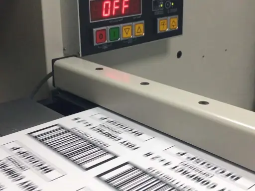 Máquina de impresión offset digital procesando etiquetas con códigos de barras.