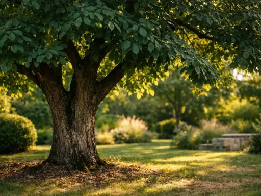 Gros tronc d'un noyer mature dans un jardin ensoleillé. Idéal pour apprendre comment planter un noyer et voir le résultat.