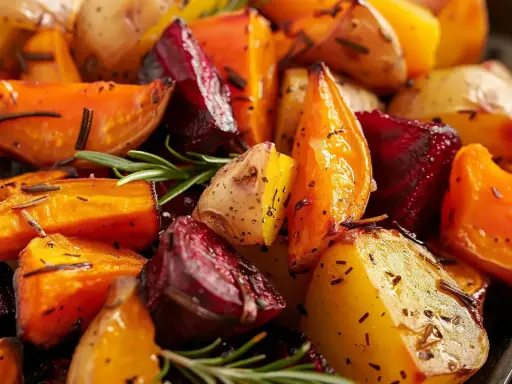 Ugnsrostade rotfrukter med rosmarin, en färgsprakande och smakrik blandning av morötter, rödbetor och potatis.