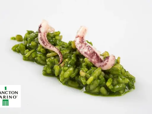 Arroz verde vibrante con tentáculos de calamar, inspirado en el plancton marino. Un plato que evoca la fuerza del león marino.