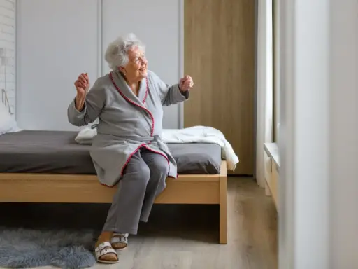 Uśmiechnięta starsza pani w szlafroku siedzi na łóżku, zastanawiając się, jaki wybrać pokój w sanatorium.