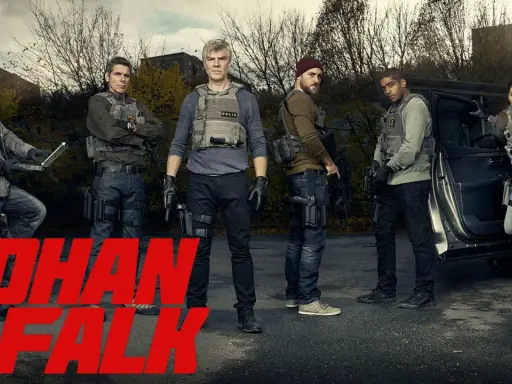 Johan Falk skådespelare och hans team redo för action. Polisutrustning och vapen syns tydligt.